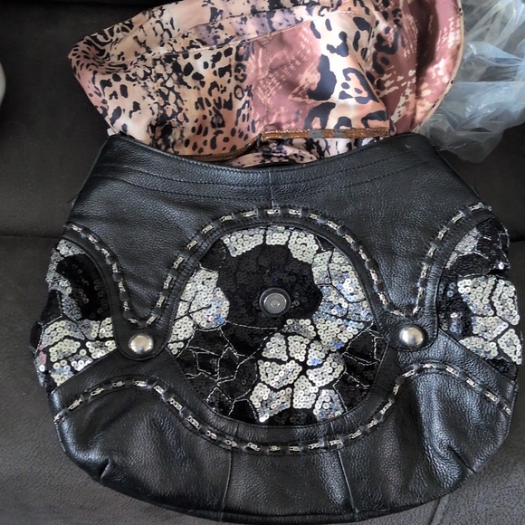 Sharif Vintage Rare Black Leather Hobo Sequin Overlay‎ Floral